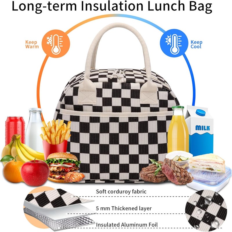 Carry bloom Lunch Box for Women, Insulated Lunch Bag Cute Corduroy Lunchbag Reusable Lunchbox for Work (checkered black white) - Image 5